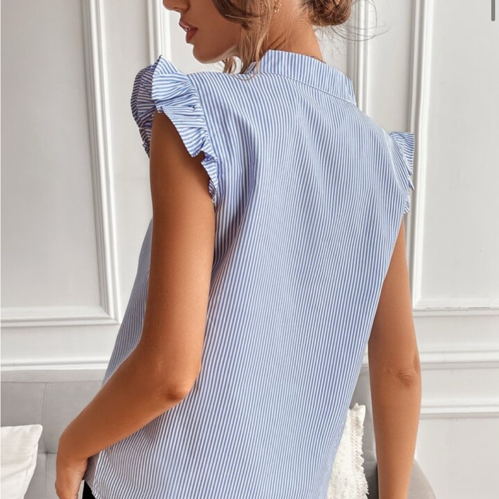Blue Striped Ruffle Sleeve Top - Picture 2 of 3